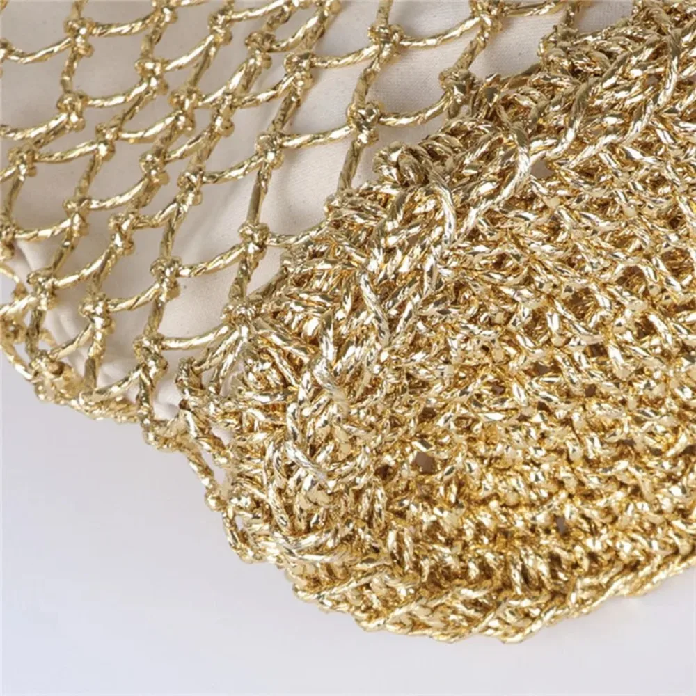 Gold silver 2 color bright paper ropes hollow woven handbag cotton lining straw bag female Reticulate handbag netted beach bag