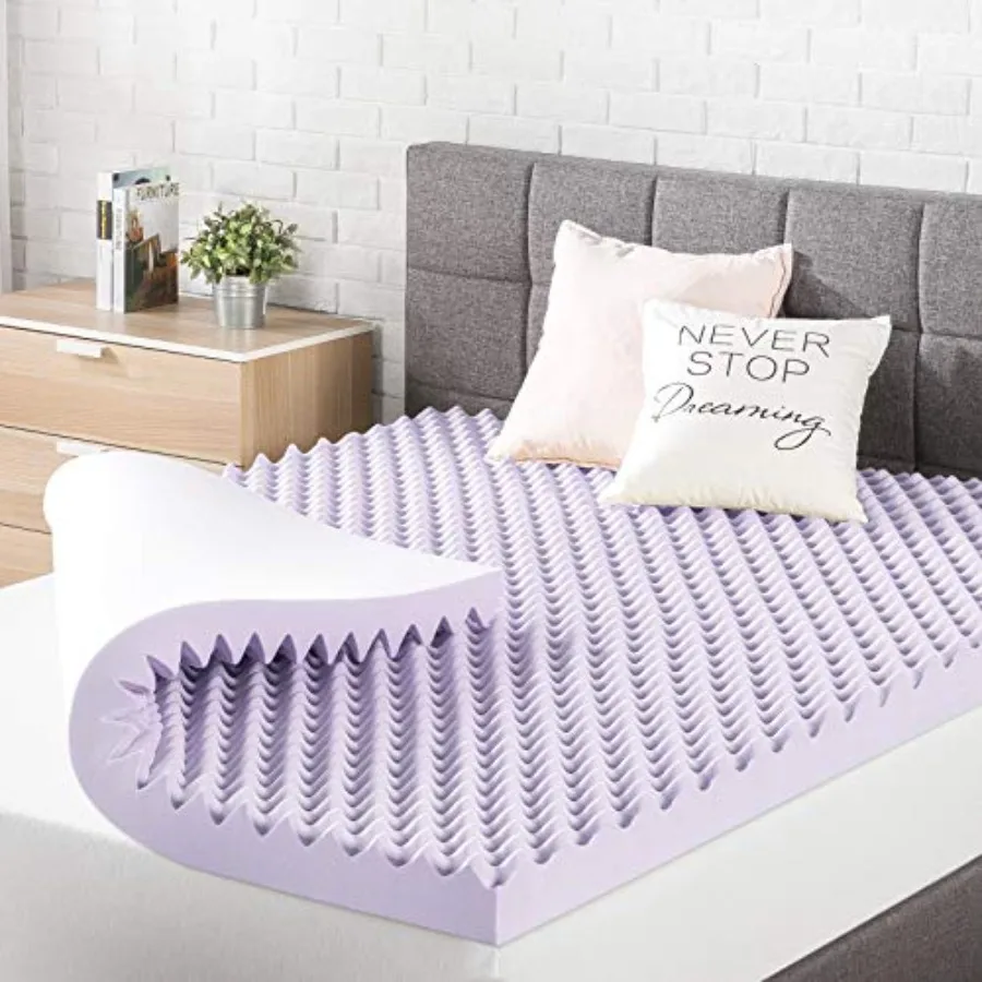

Dorm Essentials egg crate memory foam mattress topper in lavender color with soothing lavender infusion and CertiPUR-US certifi