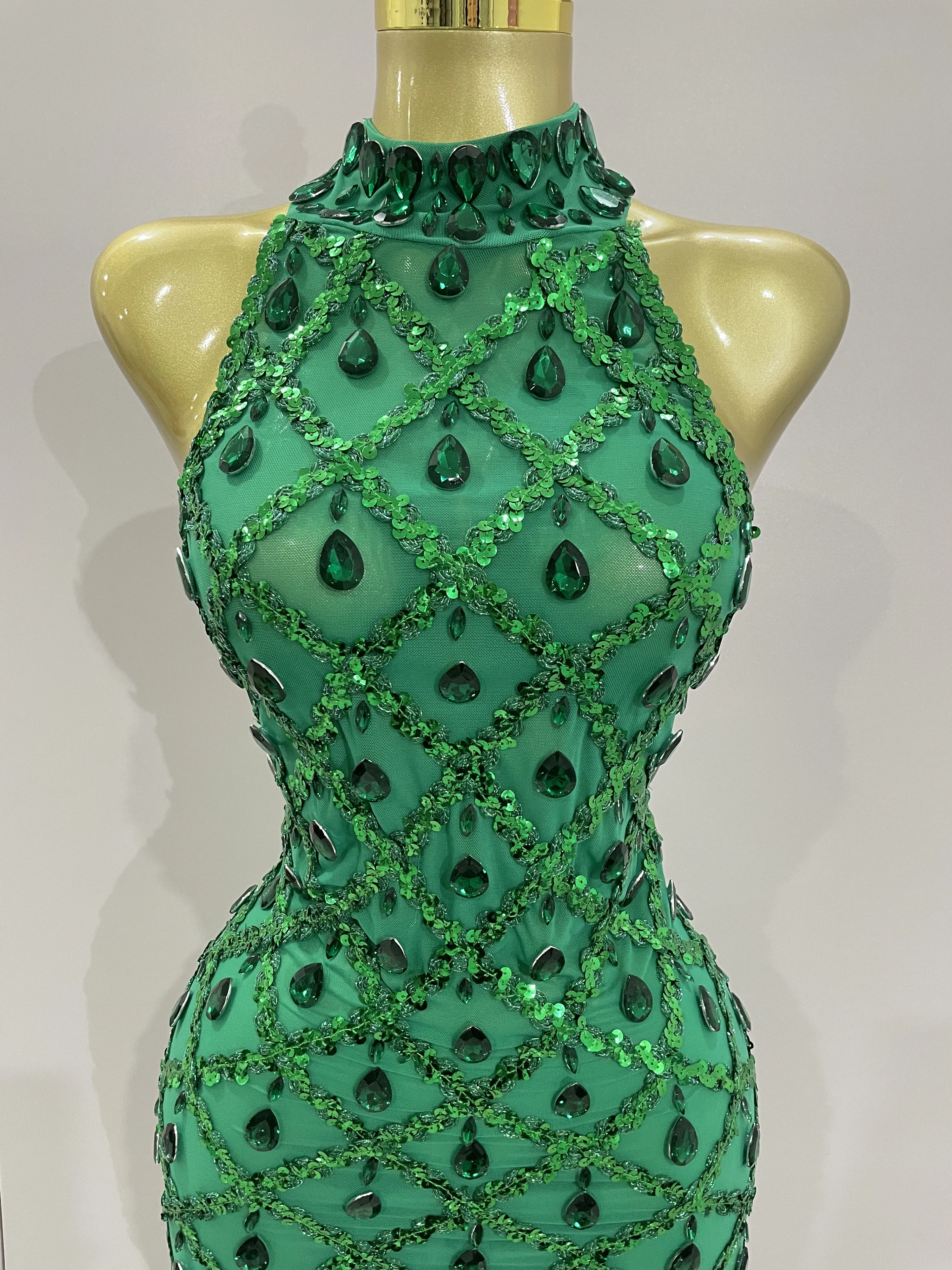 Robe longue en maille verte pour femmes, paillettes de diamant brillant, Sexy, pour célébration de soirée, bal d'anniversaire, Costume de scène en boîte de nuit, nouvelle collection 2025