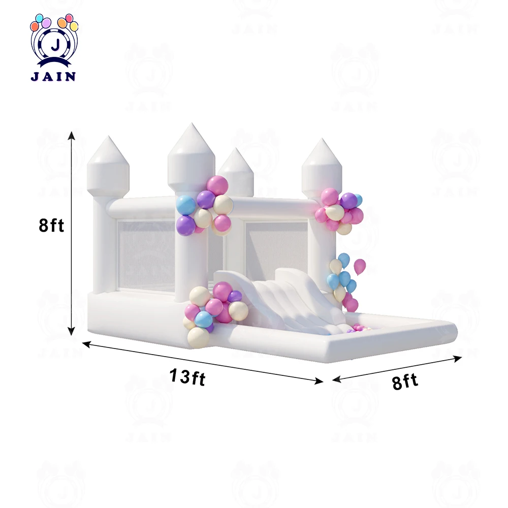 PVC 상업 등급 팽창식 화이트 바운스 하우스, 슬라이드 및 볼 피트, 생일, 결혼식, 파티용 바운스 캐슬, 13 × 8 × 8ft