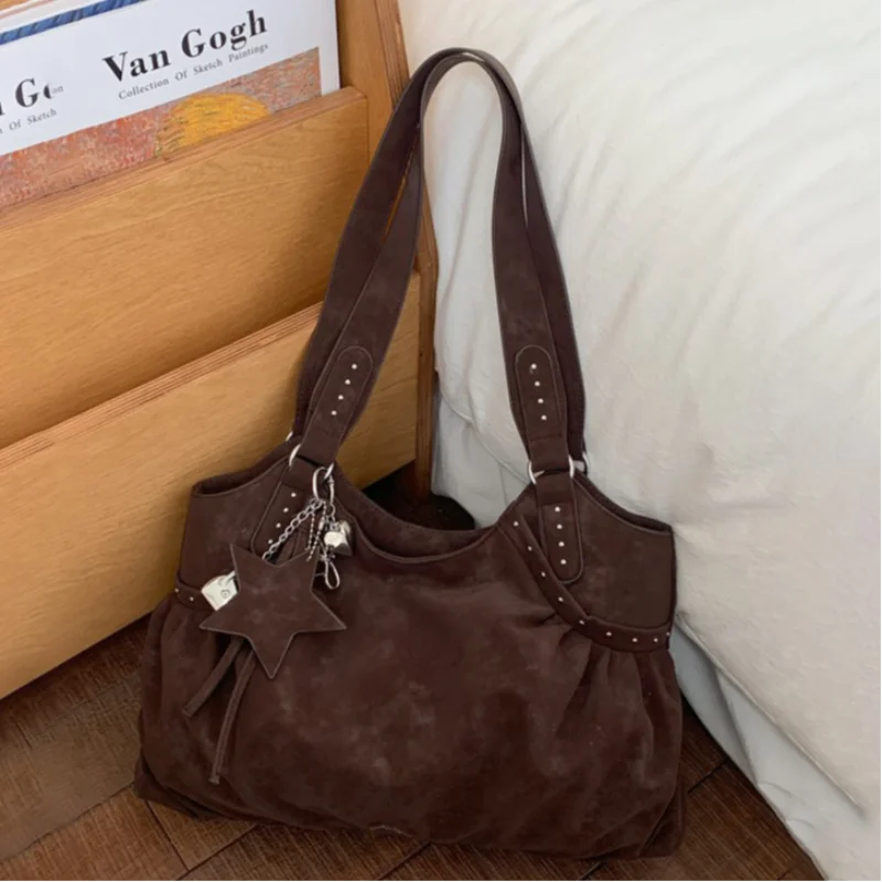 

Vintage Suede Leather Tote Bag Women Fashion Star Pendant Decor Shoulder Bag Korean Large Capacity Casual Commuter Underarm Bag