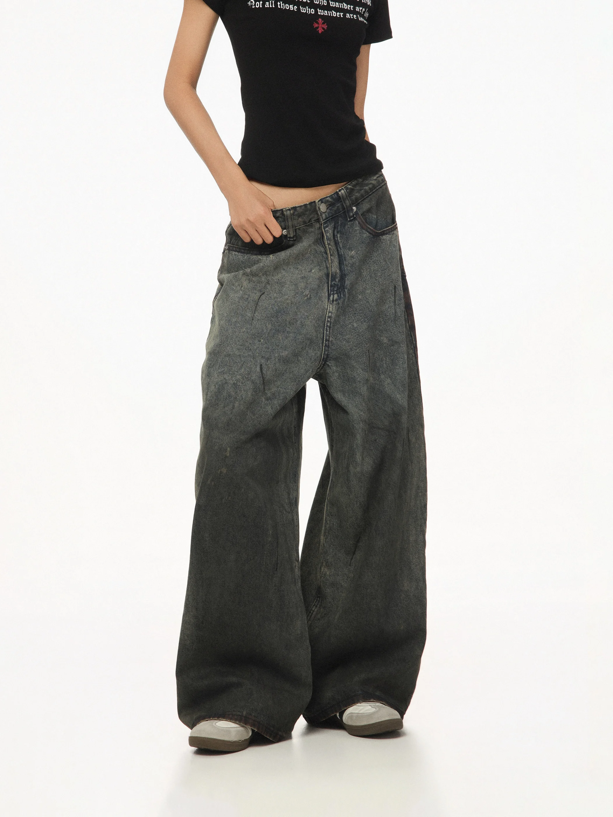 

CTBCAPTAINBEER American Retro Charcoal Grey Distressed Straight Leg Jeans Women's Casual Wide Leg Long Pants Floor-Length