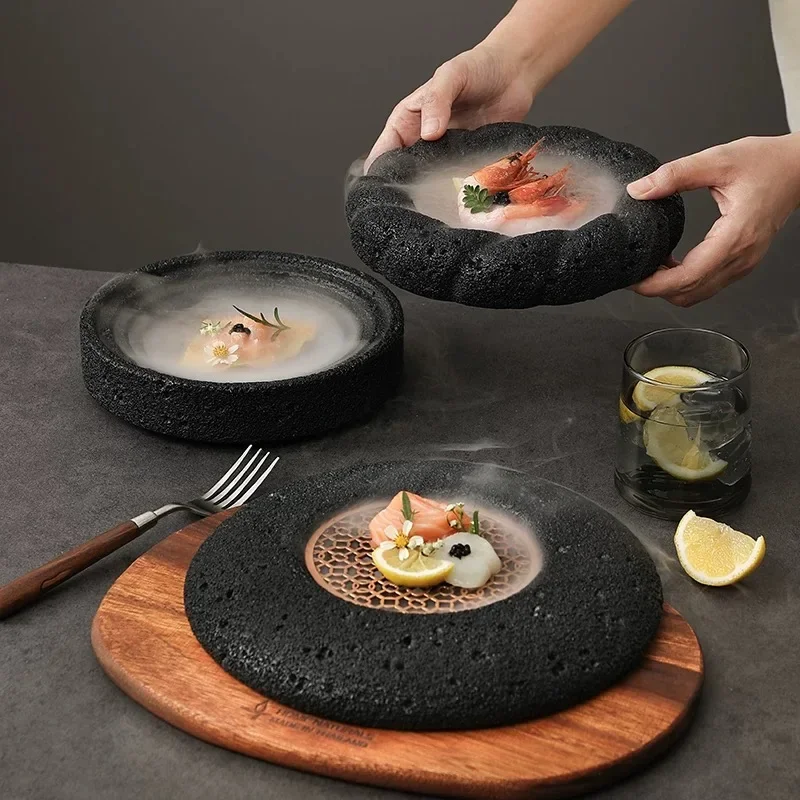 Industrial Style Star Shaped Stone Bowl, Micro Cement Meteorite Volcanic Shaped Circular Tableware and Plates, Japanese Dish Set