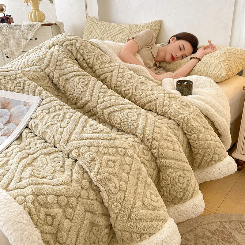 Sherpa Fleece Throw Blanket for Couch Bed Office Soft Plush Thickened Reversible Jacquard Lightweight Warm Home Decor Winter