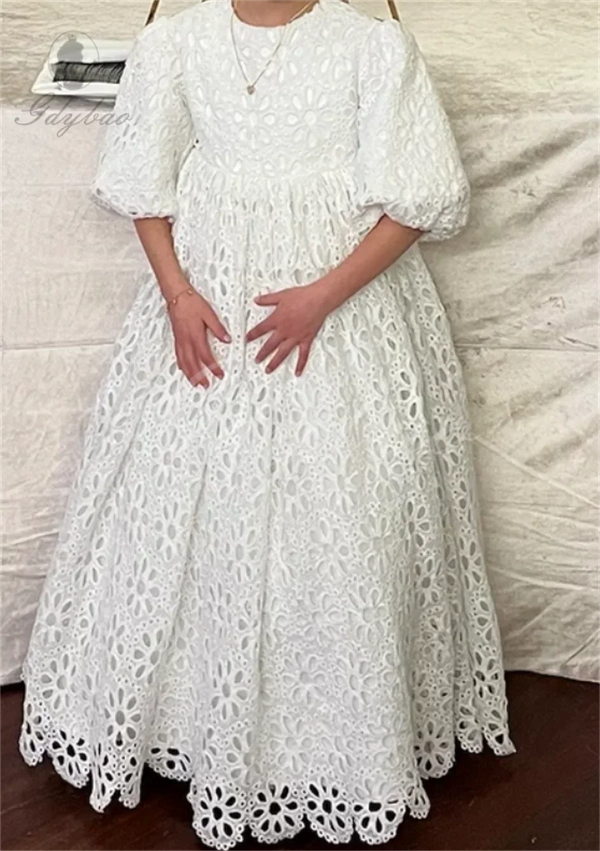 Lace Eyelet Flower Girl Dresses for Wedding Princess Girl Gowns High Waist Pretty Pageant Short Sleeve First Communion Gown