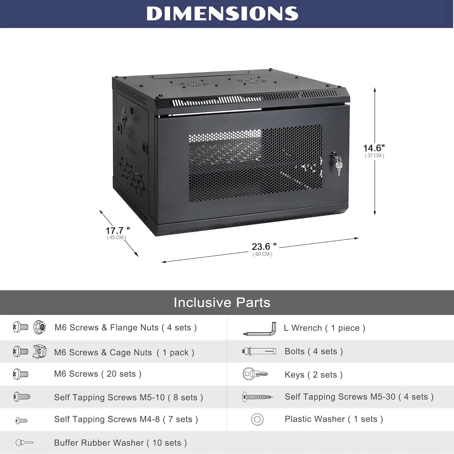 6U Wall Mount Server Cabinet with A Lockable Front Vented Door, Cooling Fans, Removable Side Panels - 45cm Depth, 19