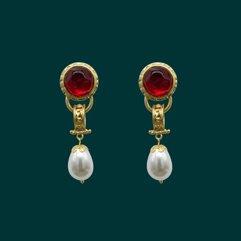 Western Retro Vintage Earrings Vintage Mist Gold Pearl Jelly Glass Earrings Shoulder Sweep Style Vintage Jewelry