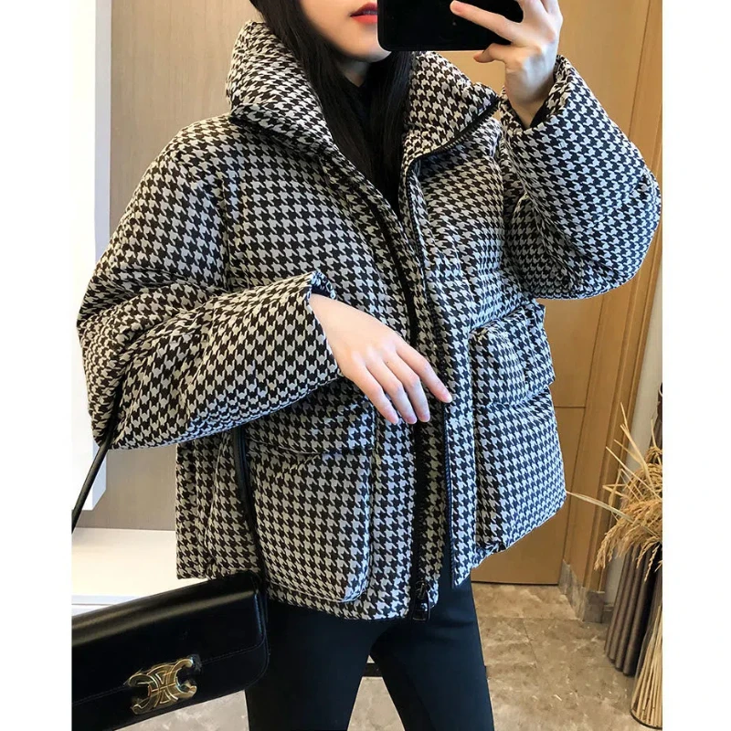 Autumn Houndstooth Parkas Women Loose Contrast Color Fashion Pocket Zipper Lapel Thermal Office Lady Short Down Cotton Coats