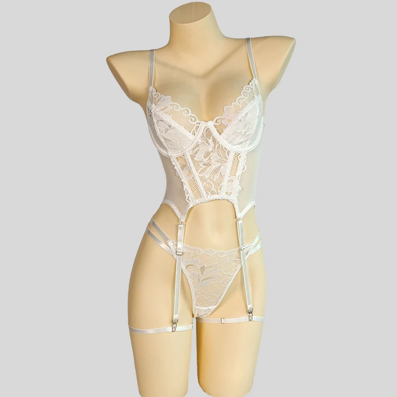 

Tornova Solid Color Lace Women Slim Interesting Underwear Garters Patchwork See-through Mesh Spaghetti Strap Exposed Navel Set