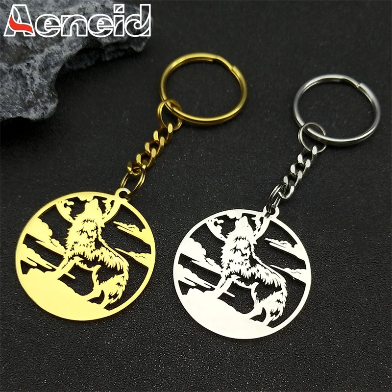 Wolf Moon Mountain Pendant Key Chains for Women Men Stainless Steel Gold Silver Color Hollow Cloud Key Ring Animal Jewelry