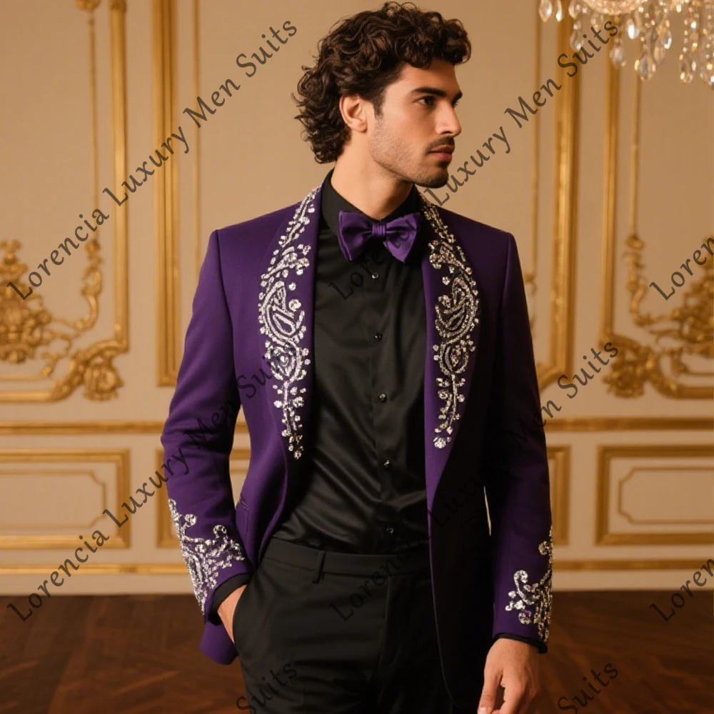 

Exquisite Applique Men Suits 2 Pieces Shawl Collar Wedding Tuxedos Groom Outfit Customized Blazer Pants traje juvenil masculino