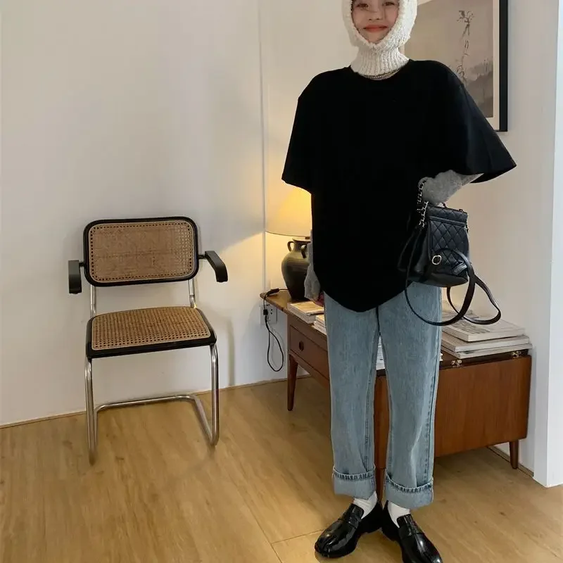 Camiseta de algodão puro manga curta feminina, extragrande, simples, gola redonda, top de meia manga, preto e branco, versátil, verão