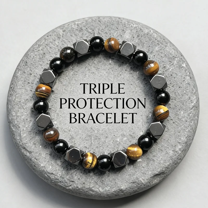 Dreifach-Schutz-Armband mit Tigerauge, Obsidian und Hämatit - Unisex Perlenarmband zur Spirituellen Heilung und Absorption Negativer Energie - Geschenkidee – Detail 1