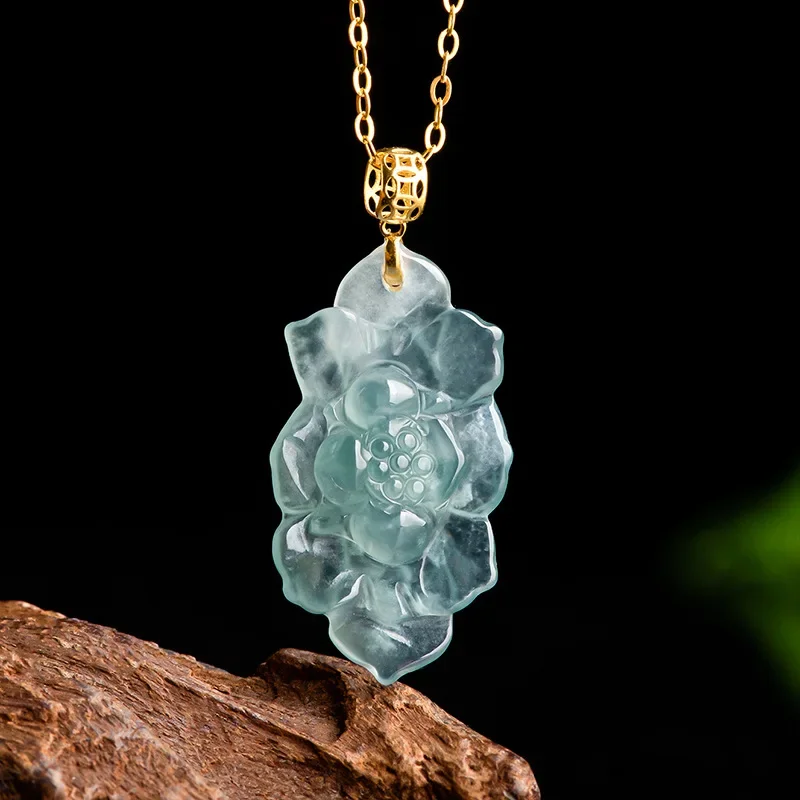 Colgante de Jade de loto y dragón birmano, collar de piedras preciosas azules, oro de 18K, collares de jadeíta de diseñador Natural, encanto de piedras preciosas