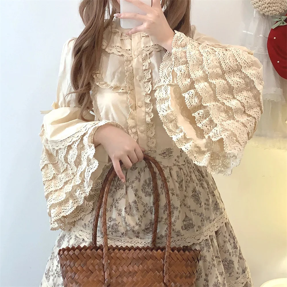 Victorian Gothic Sweet Flare Sleeve Shirts for Women 2025 Lolita Style Retro Japanese Cotton Lace Ruffle Cosplay Casual Blouse