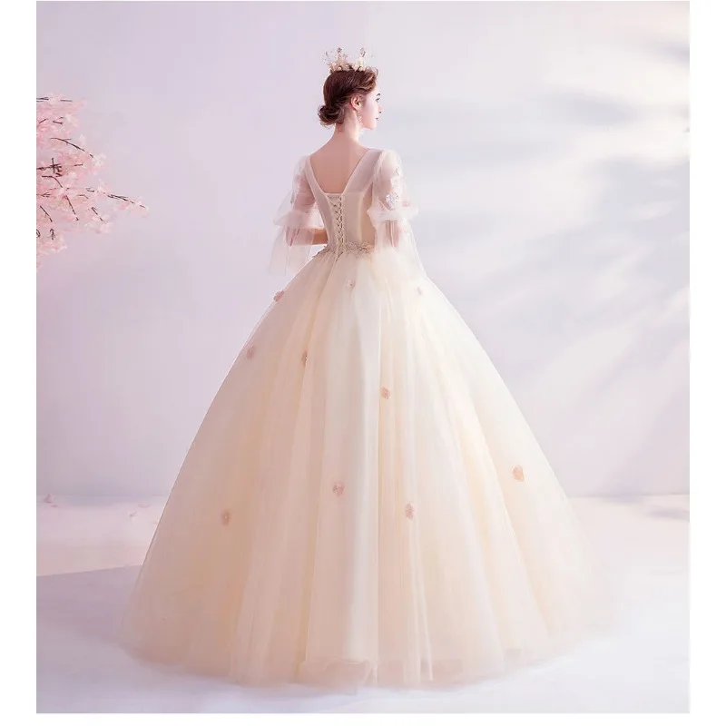 

Elegant Champagne Colored Annual Party Evening Dress 2026 Spring New Fashion Long Sleeved Wedding Dress Toast Dress Banquet