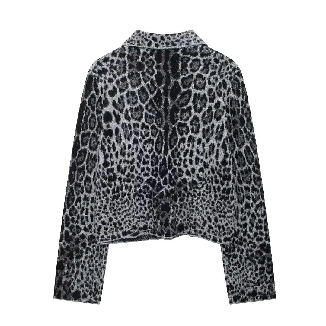 Tangada 2024 New Women Leopard Crop Knit Cardigan Sweaters Female Jumper Outwear 3H873