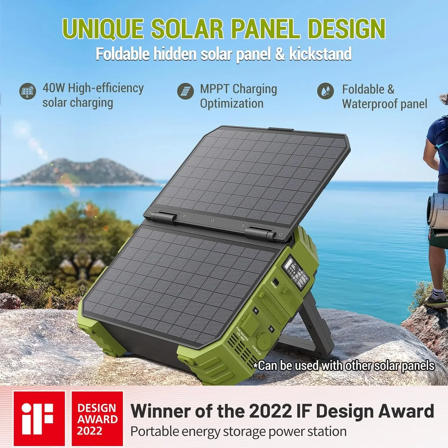 Portable Power Station 1000W Built-in Solar Panel 614WH/192000mAh LiFePO4 Battery Pack Solar Generator with AC/DC/USB/PD Outputs