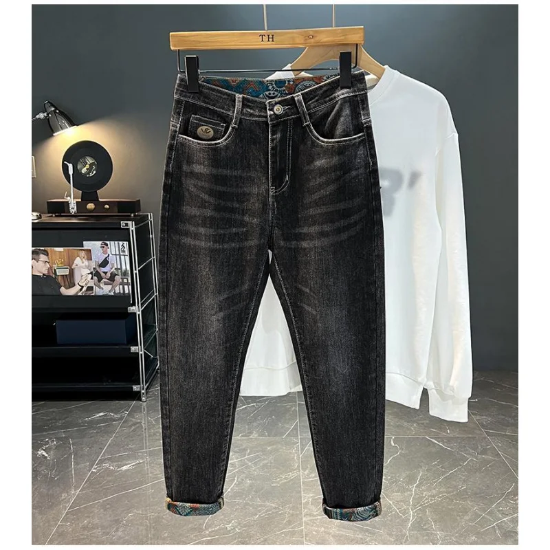 

Eans, мужская осенняя новинка 2026, мужская одежда с вышитым принтом, облегающие эластичные джинсовые брюки, модные повседневные брюки в стиле ретро