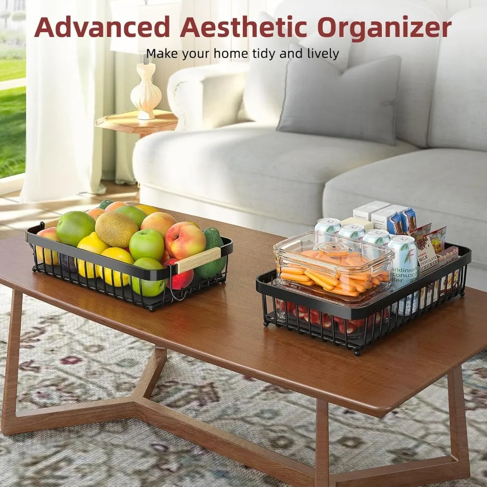 

2 Tier Fruit Basket for Kitchen Counter with 2 Banana Hangers, 2025 Pro Detachable Metal Fruit Bowl with Wooden Handle,Fruit Hol