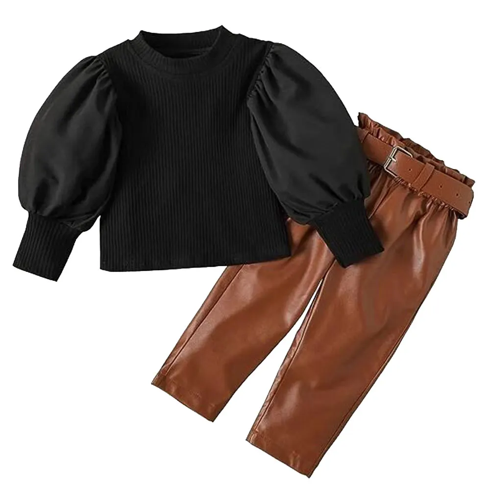 Toddler Girl Clothes Puff Sleeve Tops + Leather Pants 2Pcs Fall Outfits for Girls Fashion Clothing Set