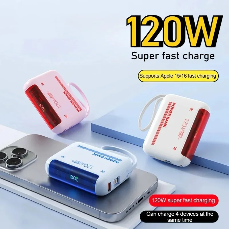 

Портативное зарядное устройство, 120 Вт, сверхбыстрая зарядка, запасная батарея 20000 мАч со встроенным кабелем для IPhone, Samsung, Xiaomi, Huawei Powerbank
