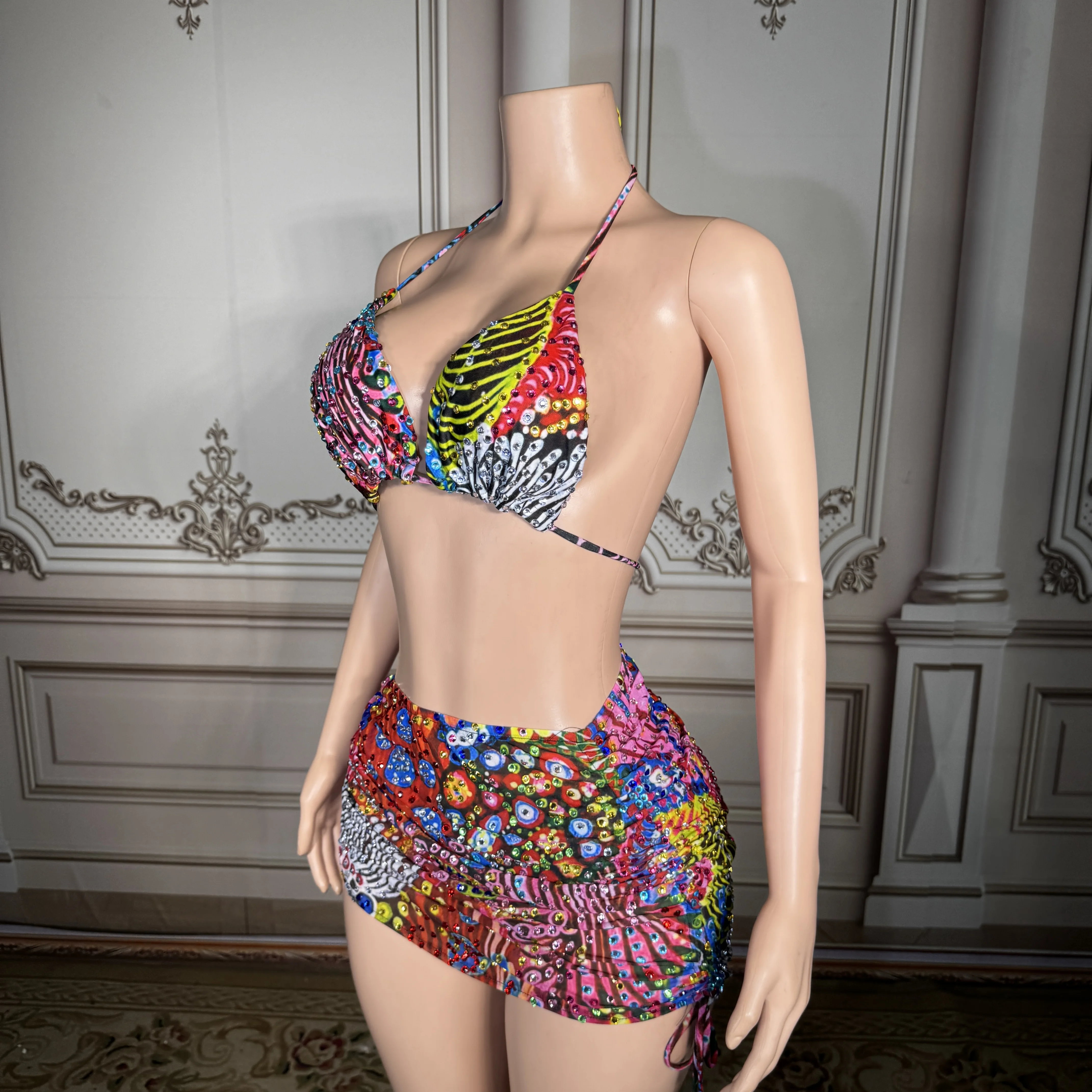

ZD Colorful printed rhinestone backless bikini dress three piece set bathing suit spicy girl summer beach sexy slim swimsuit