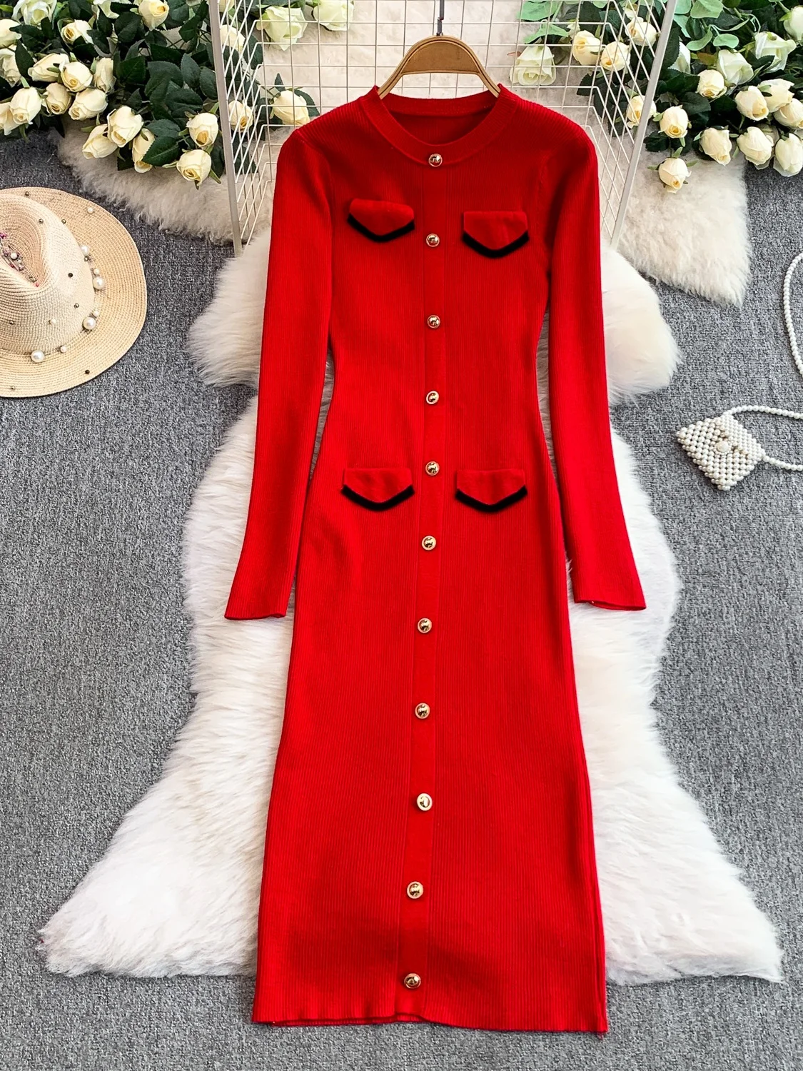 한국 슬레 니트 라운드 네드 여성 슬림핏 롱 스커트 하이웨이스트 엘라스틱 메탈 블루 가을 겨울 패션 드레스