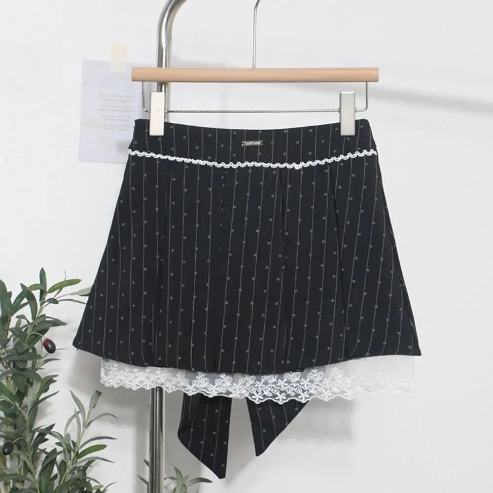 Niedlicher Herz-Spitzen-Faltenrock, große Schleife, Punkte, kurzer Rock, Damen, hohe Taille, süßer A-Linien-Minirock, Sommer