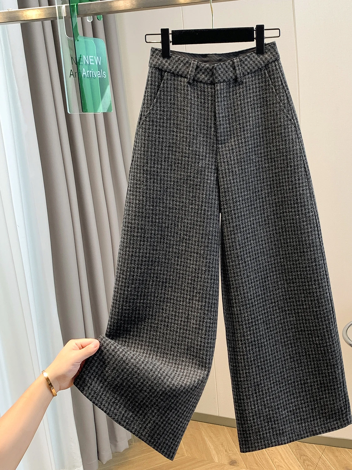 Damskie spodnie plus size w stylu retro z wysokim stanem, prostymi nogawkami, wełniane, ocieplane, zimowe, uniwersalne, wyszczuplające, długość 7/8.