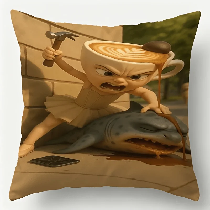 Decorative Printed Pillowcase With Funny Creative Coffee Head Character Shark Pattern, Perfect Home Decor For Sofa And Living Ro