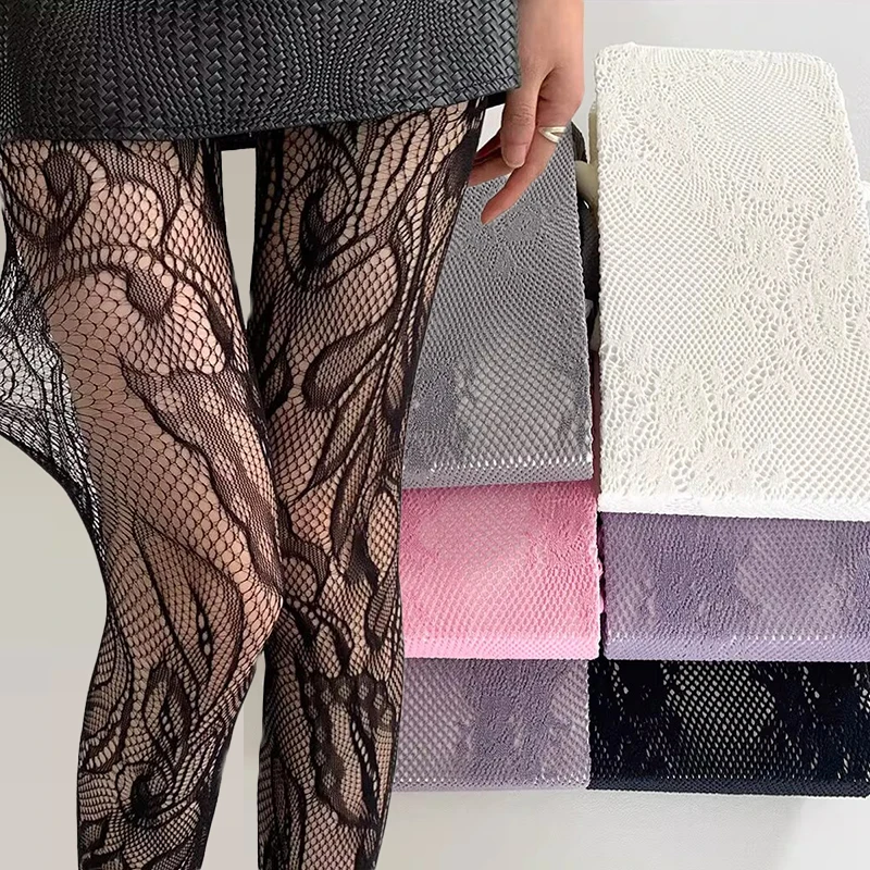 Sexy Lolita Floral Tights Sheer Openwork Jacquard Lace Fishnet Pantyhose Women Fashion Stretch Mesh Stockings Elastic Leggings