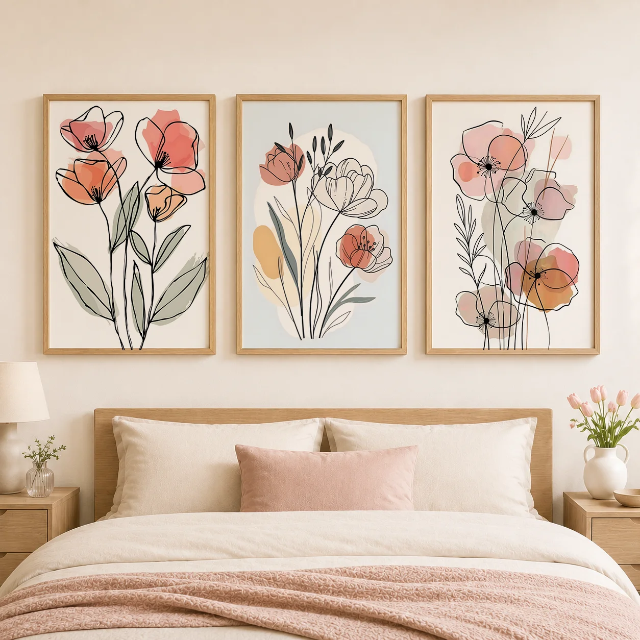 Plant Flower Wall Art, Nordic Line Tulip Canvas Painting, Minimalist Aesthetic Poster Prints for Living Room Bedroom Wall Decor