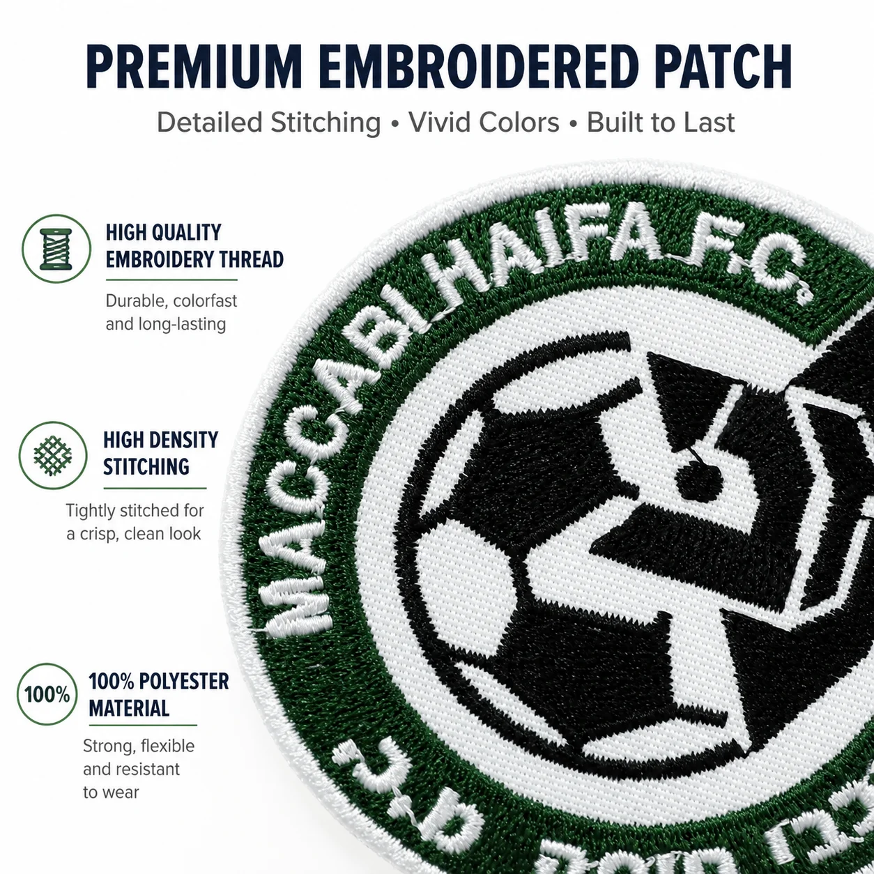 Embroidered Patch מכבי חיפה Football Athletic Morale Badge Hook and Loop for Clothes Backpacks Hats & Everything