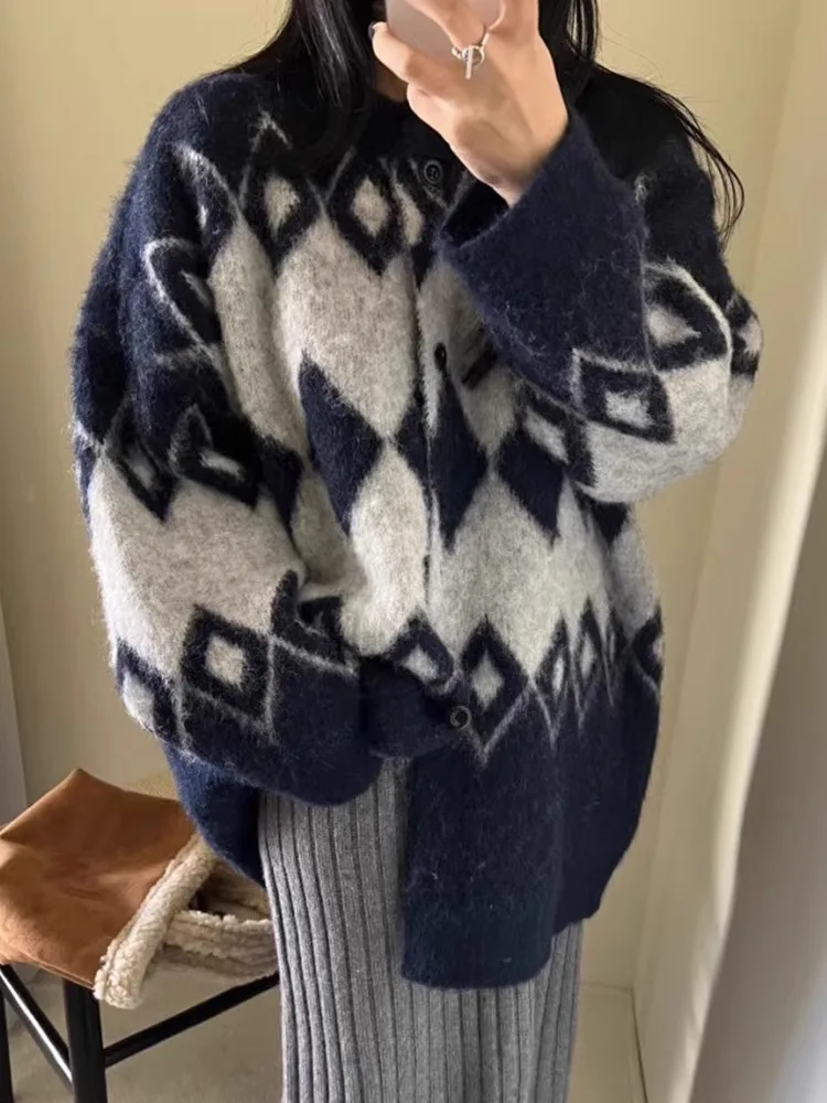 Giacca maglione con motivo a rombi retrò per il nuovo design autunnale e invernale da donna, cardigan lavorato a maglia ampio e spesso