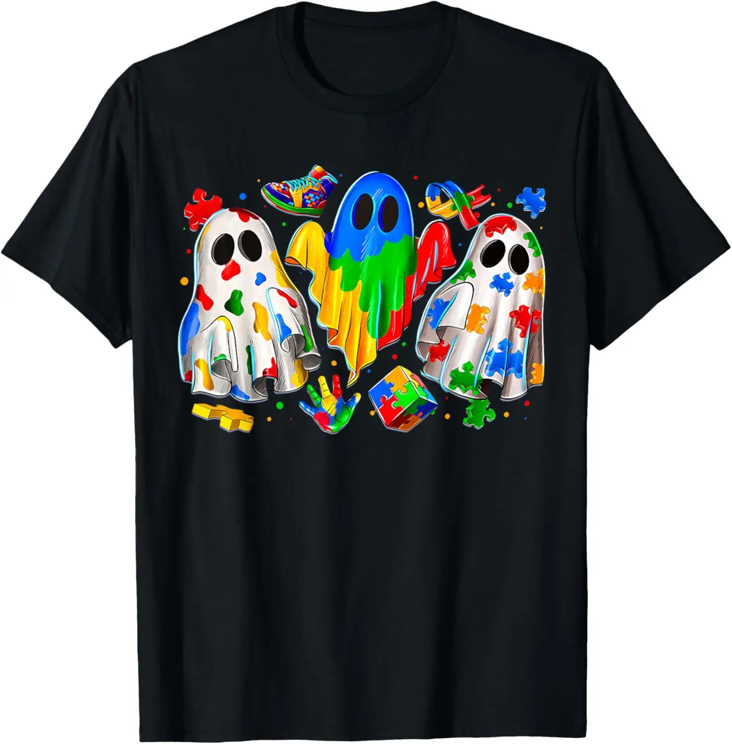 Halloween Ghost Colorful Puzzle Ribbon Autism Awareness T-Shirt