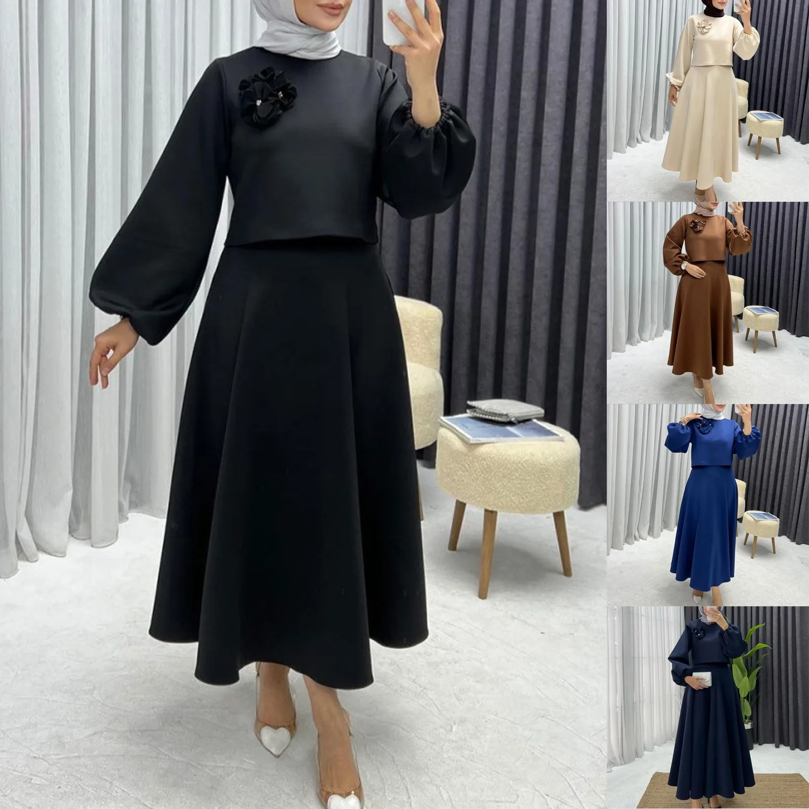 Ramadan Elegant 2 Piece Set Women Lantern Sleeve Flower Crop Top High Waist A-line Skirt Suit 2024 Spring Lady Abaya Turkey Sets