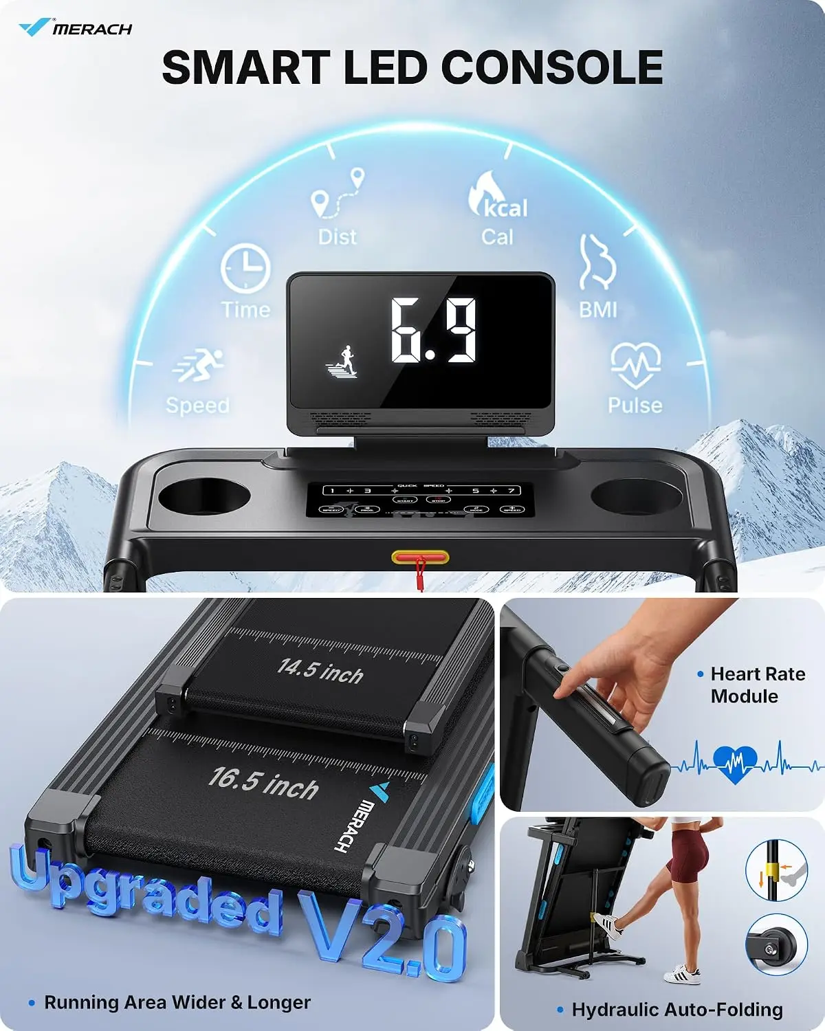 Foldable Treadmill 300 LBS Wide Belt | 0-15% Incline LED Display Smart App 2.5HP Brushless Motor Compact Home, Customized