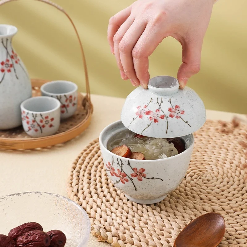 

Japanese-style Ceramic Stew Pot Household Bird's Nest Ceramic Bowl with Lid Retro Color Stew Pot Cover Bowl Steamed Egg Cup