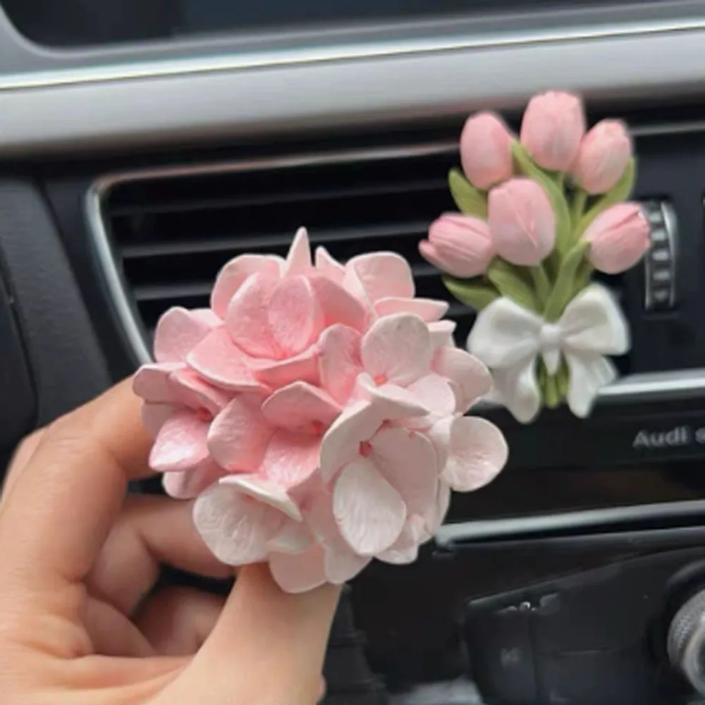 Hydrangea & Tulip Car Vent Clip, Flower Shaped Aromatherapy Diffuser Stone, Car Interior Ornament