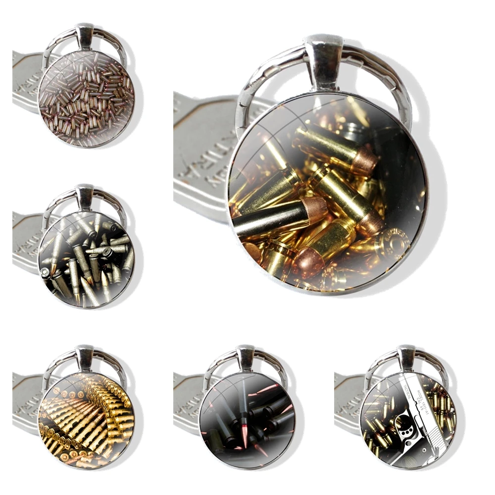 Keychain Handmade Glass Cabochon Key Ring Holder Pendant Key Chains Army Fan Weapons Bullets