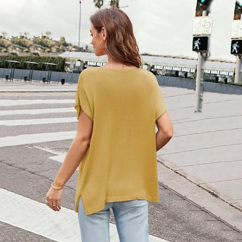 2024 Spring/Summer New V-neck Loose Size European and American Casual Women's Pullover Short Sleeve Knitted Shirt SFC12-3