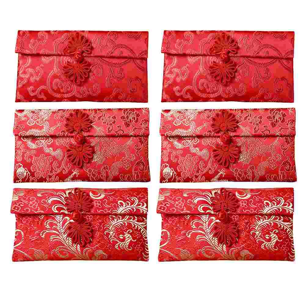 

6 шт., набор красных конвертов из парчовой ткани Qipao Knot, держатели для денег на удачу, мешочки для поздравительных открыток, шелковые красные пакеты в китайском стиле