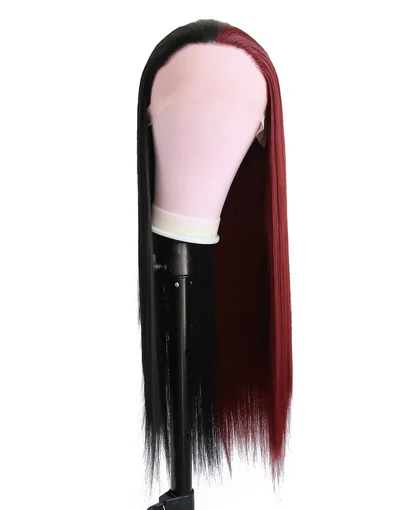 Smooth Silky Straight Hair Half Wine Red Half Black Lace Front Wigs for Black Women Synthetic Hair Replacement Wig