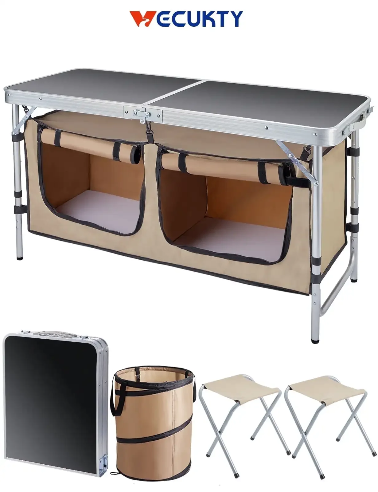 

Portable Camping Table Set - Aluminum Kitchen Station w/ Storage, Adjustable Feet & Trash Can, brown