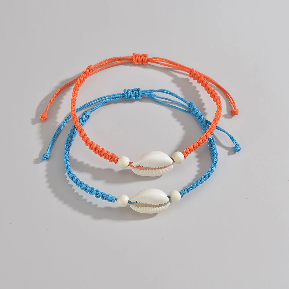Fashionable Vacation Style Natural Seashell Red and Blue Rope Woven Adjustable Double-Layer Bracelet Unisex Jewelry Gift