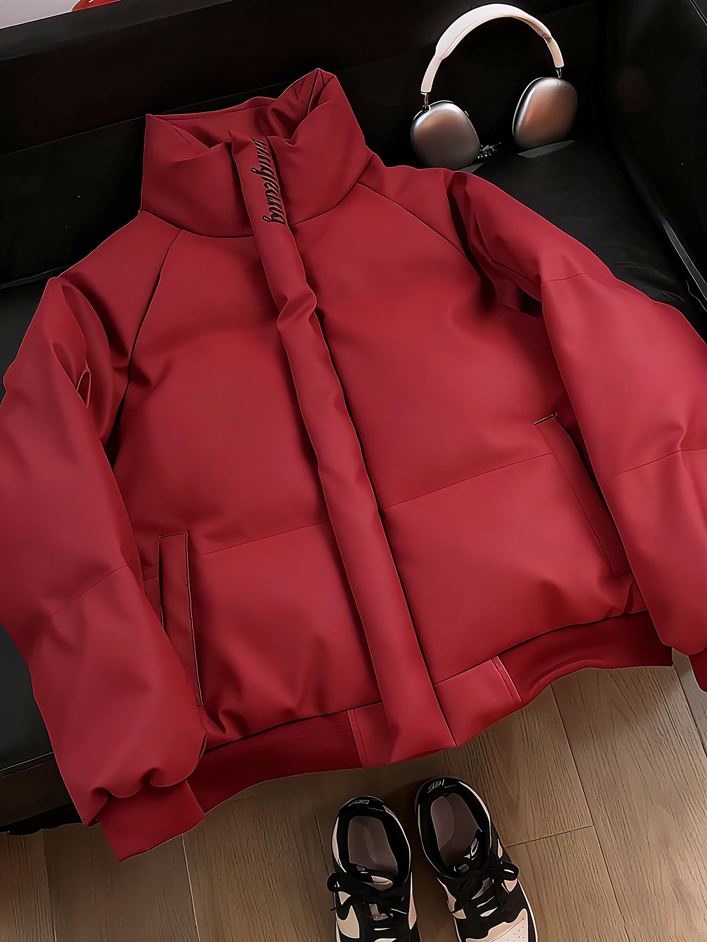 الأحمر الأمريكي التطريز بو الجلود أسفل Jaet الرجال Thiened شتاء دافئ ort Sle الوقوف طوق القطن معطف ملابس خارجية