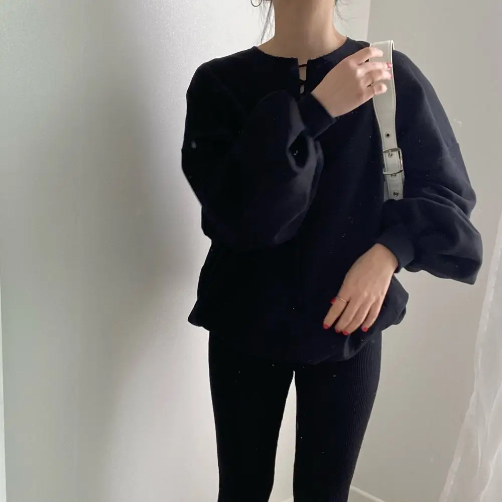 Loose Fit Long Sve round Ne Hoodie Women's Korean Sle Commute Wind Lantern Sve Sweatirt Autumn Season Faion Casual