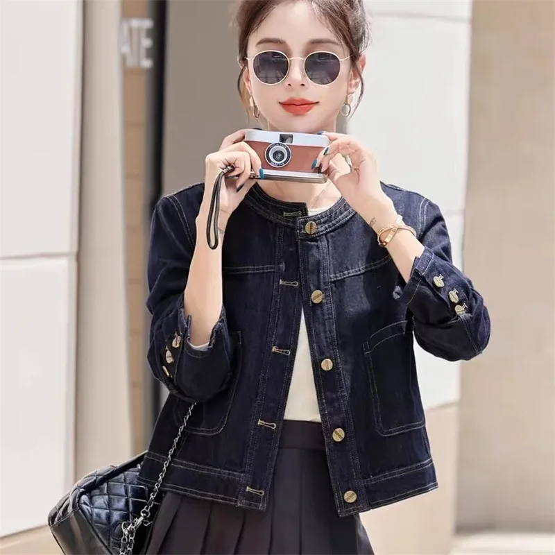 

Round Neck Retro Denim Jacket for Women's Spring Autumn 2026 New Fashion Short Casual Coat Top Korean Women Receive High Praise