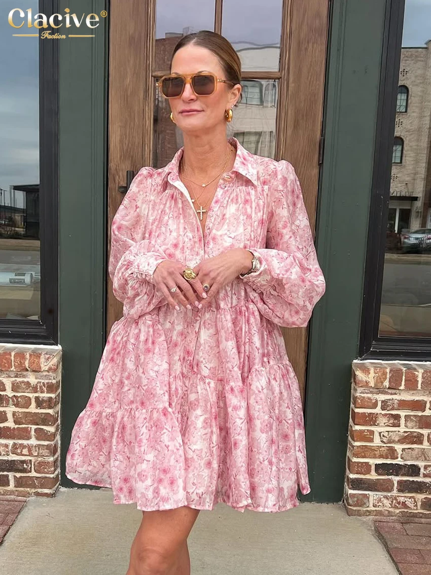 

Clacive Spring Loose Print Women Dress Fashion Lapel Long Sleeve Mini Dresses Elegant Classic Pleated Female Dress Streetwear